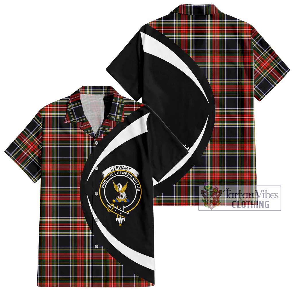 Stewart Black Tartan Short Sleeve Button Up with Family Crest Circle Style Kid - Tartan Vibes Clothing