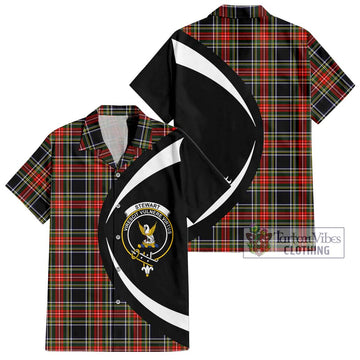 Stewart Black Tartan Short Sleeve Button Up with Family Crest Circle Style