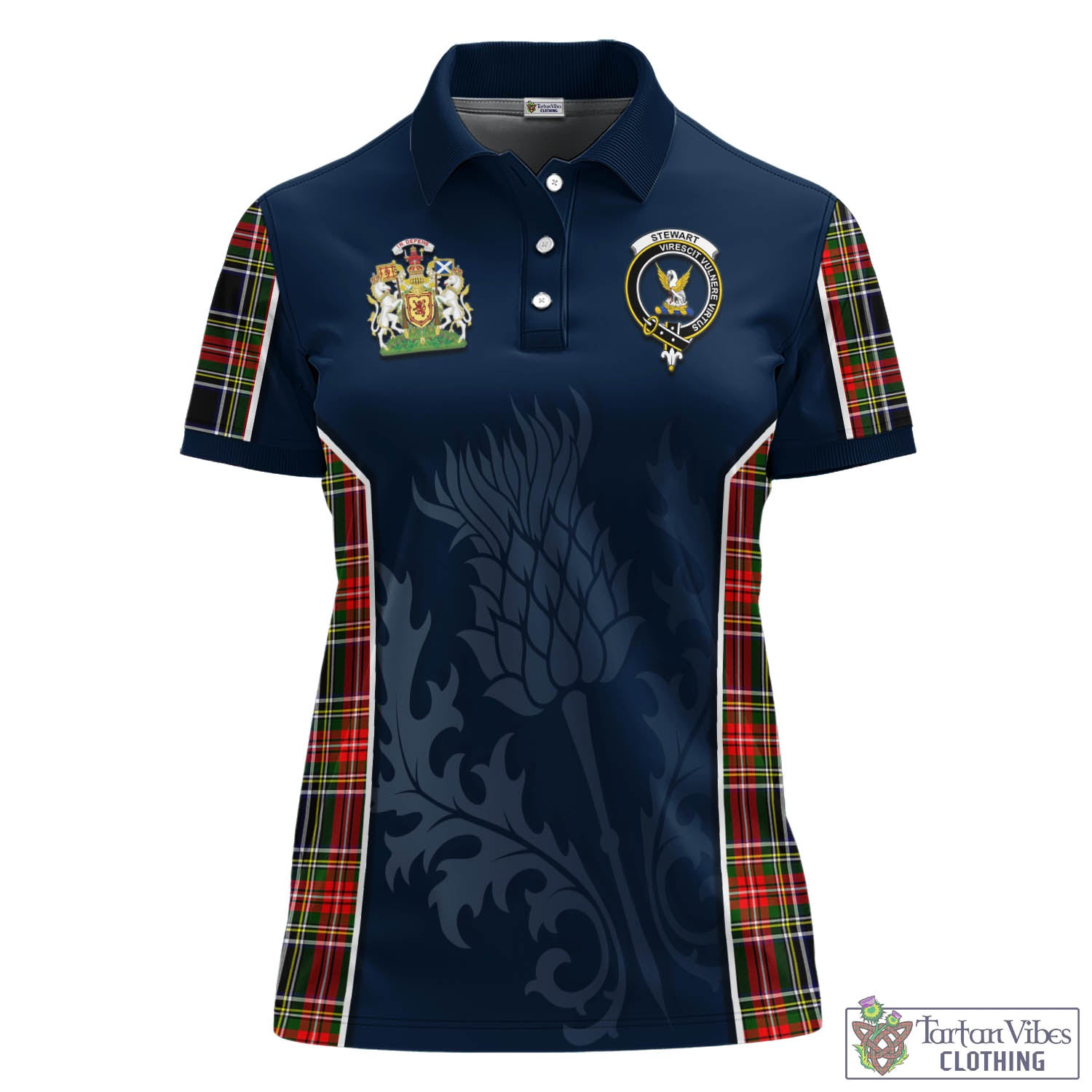 Tartan Vibes Clothing Stewart Black Tartan Women's Polo Shirt with Family Crest and Scottish Thistle Vibes Sport Style