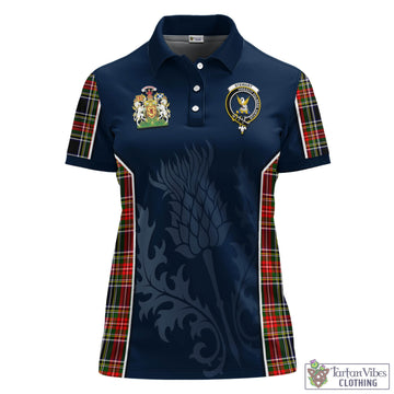 Stewart Black Tartan Women's Polo Shirt with Family Crest and Scottish Thistle Vibes Sport Style