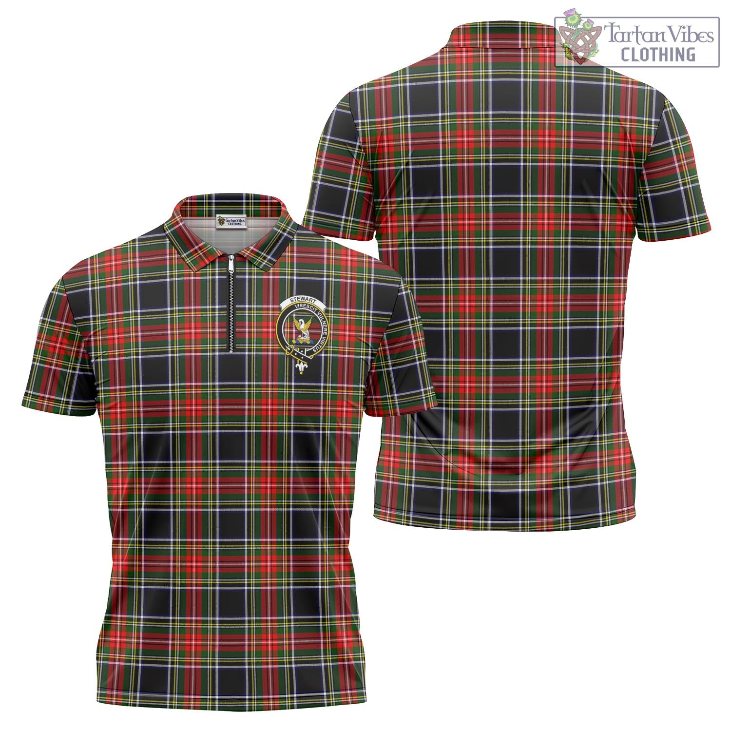 Tartan Vibes Clothing Stewart Black Tartan Zipper Polo Shirt with Family Crest