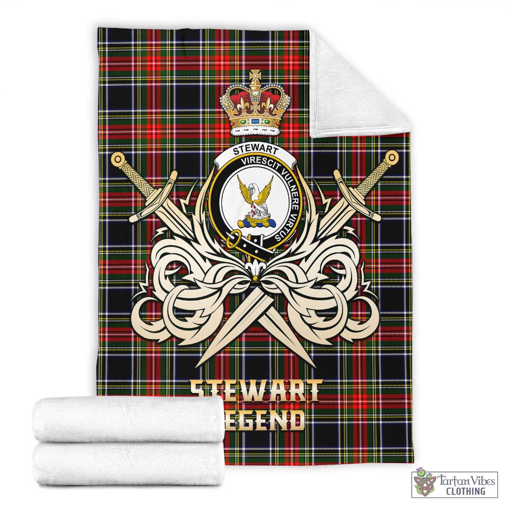 Tartan Vibes Clothing Stewart Black Tartan Blanket with Clan Crest and the Golden Sword of Courageous Legacy