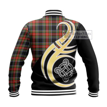 Stewart Black Tartan Baseball Jacket with Family Crest and Celtic Symbol Style