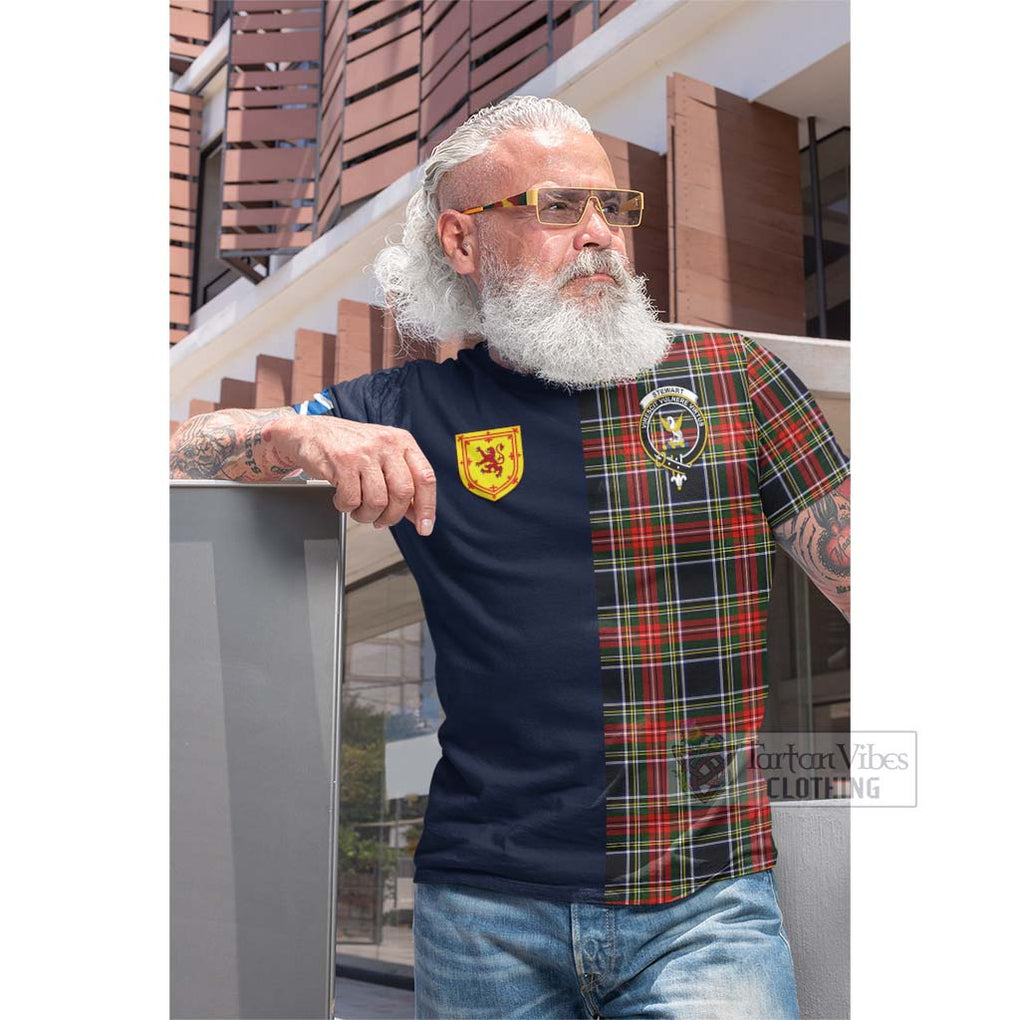 Tartan Vibes Clothing Stewart Black Tartan Cotton T-shirt with Scottish Lion Royal Arm Half Style