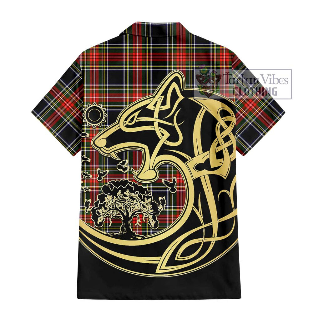 Stewart Black Tartan Short Sleeve Button Shirt with Family Crest Celtic Wolf Style - Tartan Vibes Clothing