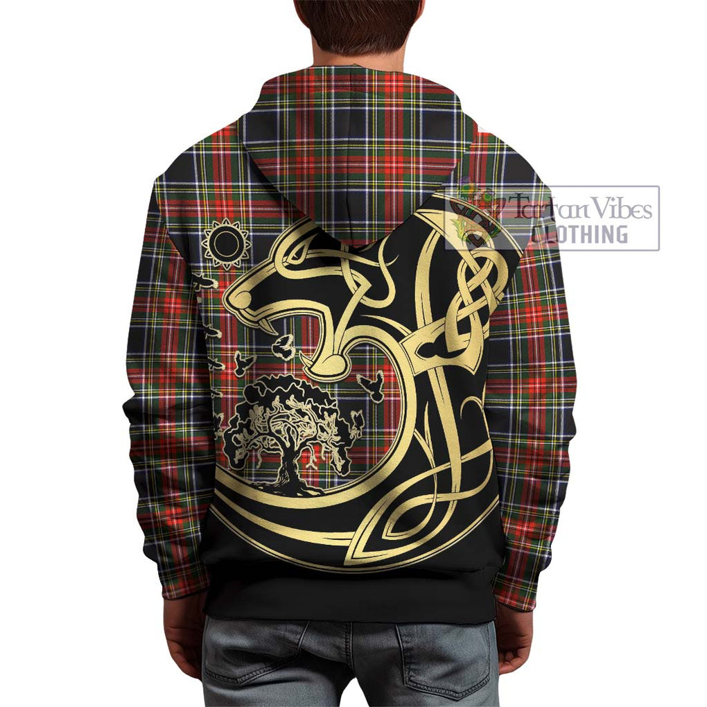 Stewart Black Tartan Hoodie with Family Crest Celtic Wolf Style - Tartan Vibes Clothing