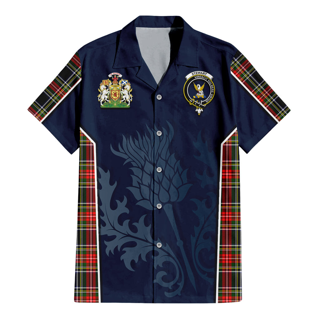 Tartan Vibes Clothing Stewart Black Tartan Short Sleeve Button Up Shirt with Family Crest and Scottish Thistle Vibes Sport Style