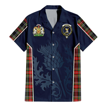 Stewart Black Tartan Short Sleeve Button Up Shirt with Family Crest and Scottish Thistle Vibes Sport Style