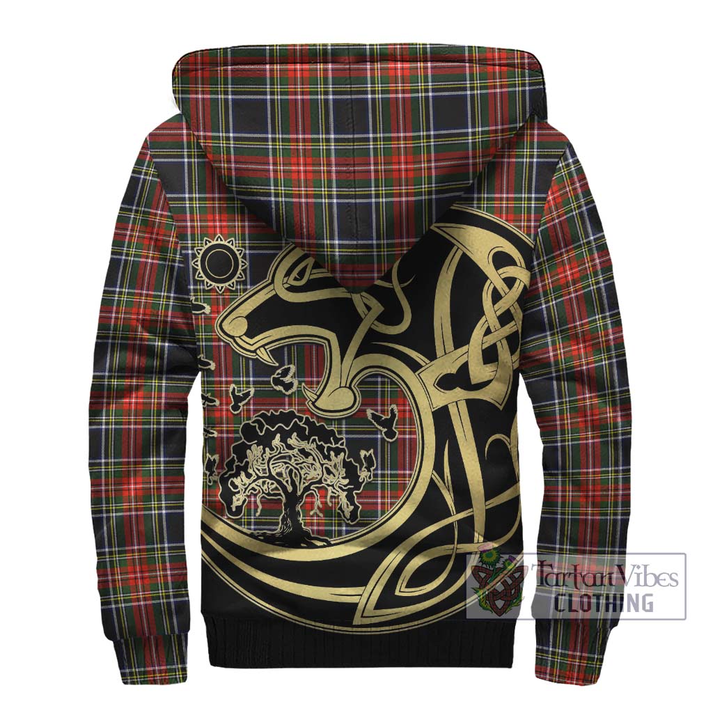 Stewart Black Tartan Sherpa Hoodie with Family Crest Celtic Wolf Style - Tartan Vibes Clothing