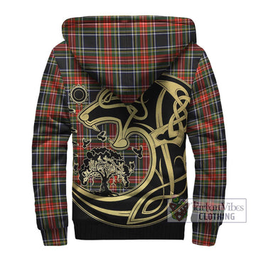 Stewart Black Tartan Sherpa Hoodie with Family Crest Celtic Wolf Style