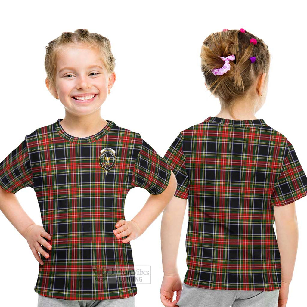 Stewart Black Tartan Kid T-Shirt with Family Crest - Tartanvibesclothing Shop