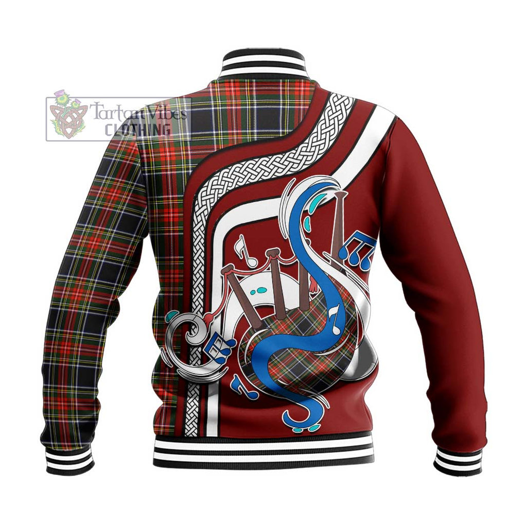 Tartan Vibes Clothing Stewart Black Tartan Baseball Jacket with Epic Bagpipe Style