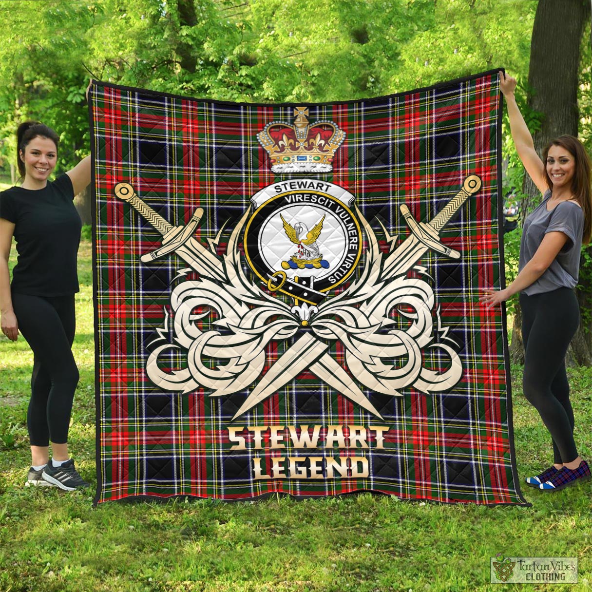 Tartan Vibes Clothing Stewart Black Tartan Quilt with Clan Crest and the Golden Sword of Courageous Legacy