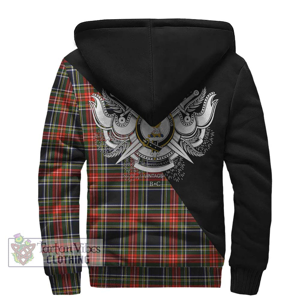 Stewart Black Tartan Sherpa Hoodie with Family Crest and Military Logo Style - Tartanvibesclothing Shop