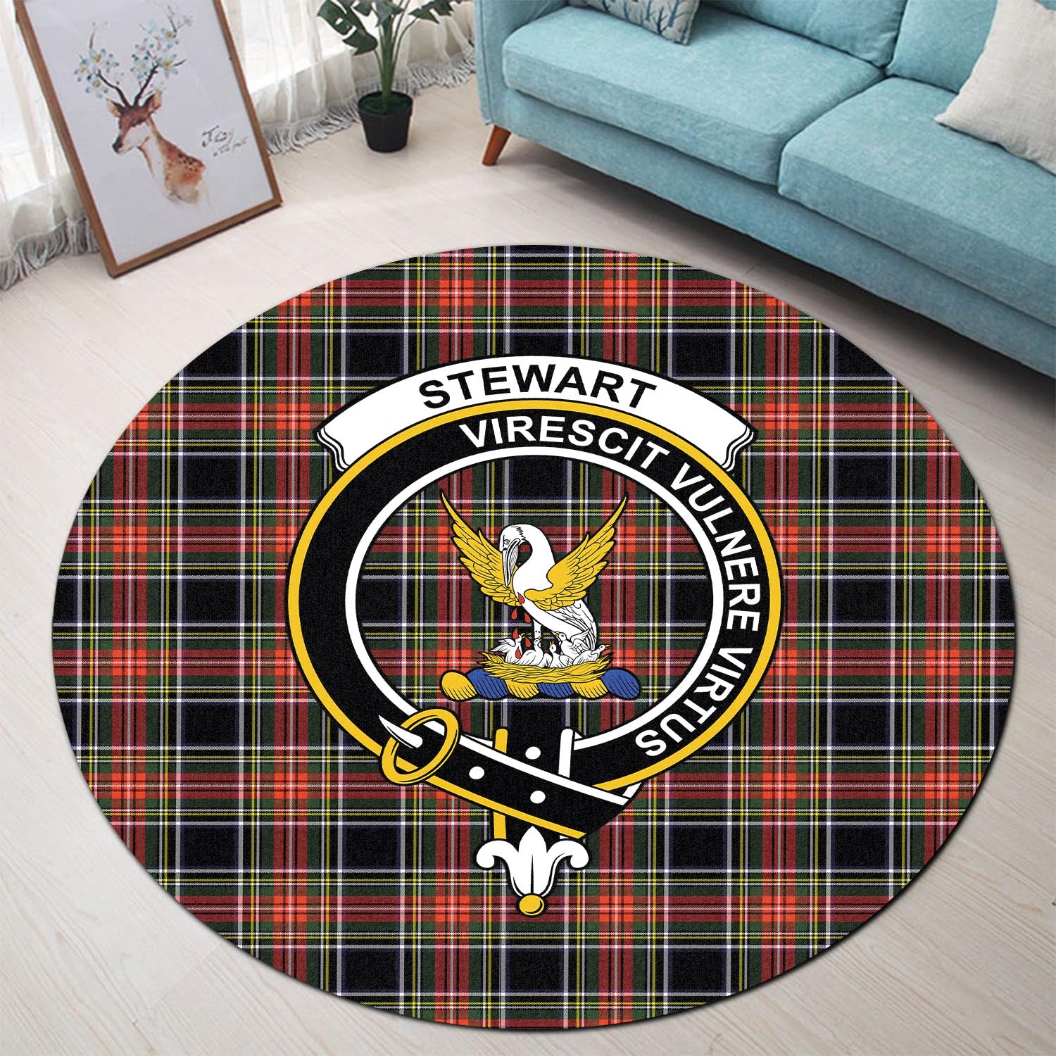 stewart-black-tartan-round-rug-with-family-crest