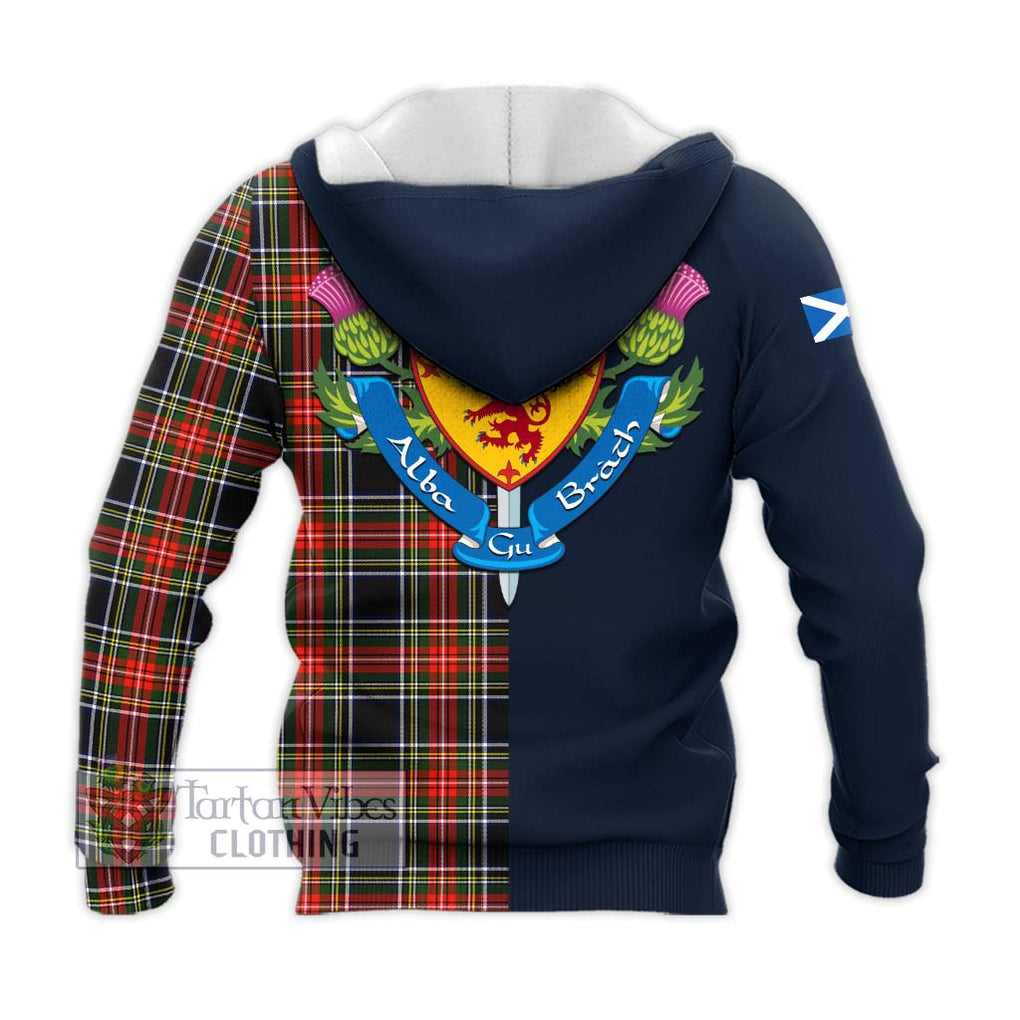 Tartan Vibes Clothing Stewart Black Tartan Knitted Hoodie with Scottish Lion Royal Arm Half Style