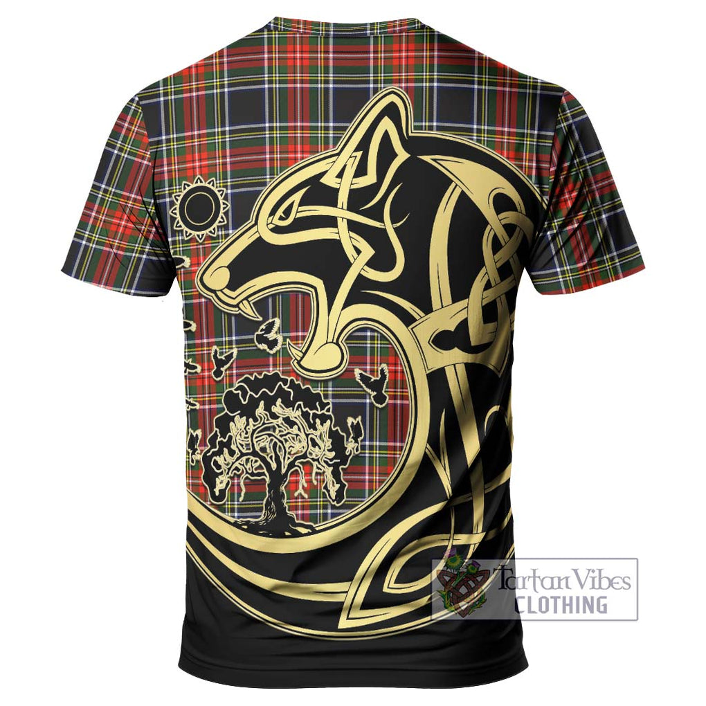 Stewart Black Tartan T-Shirt with Family Crest Celtic Wolf Style - Tartan Vibes Clothing