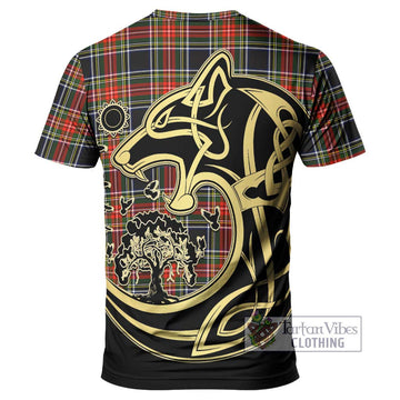 Stewart Black Tartan T-Shirt with Family Crest Celtic Wolf Style