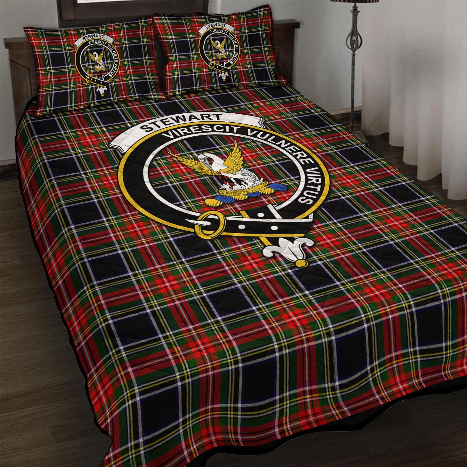 Stewart Black Tartan Quilt Bed Set with Family Crest - Tartan Vibes Clothing