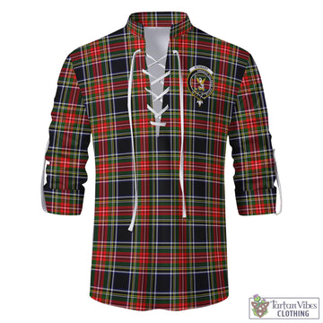 Stewart Black Tartan Men's Scottish Traditional Jacobite Ghillie Kilt Shirt with Family Crest