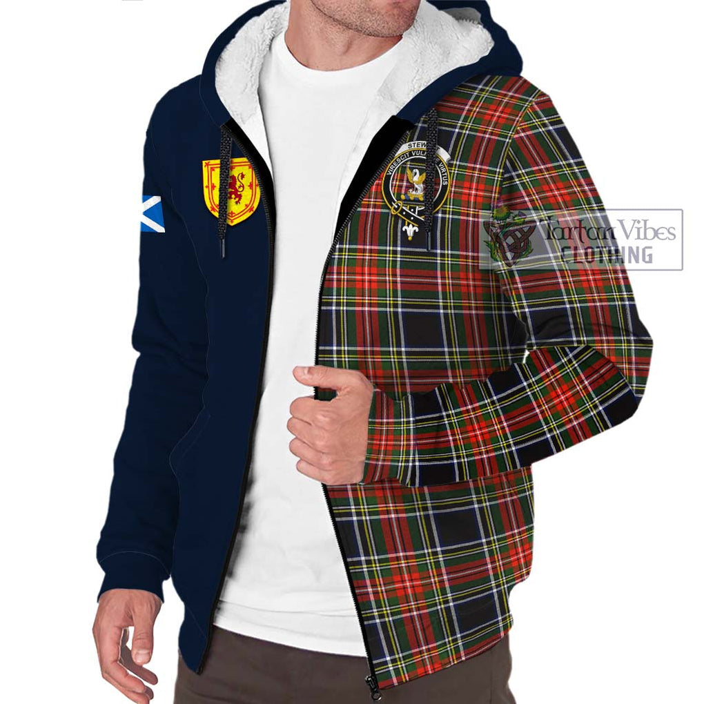 Tartan Vibes Clothing Stewart Black Tartan Sherpa Hoodie with Scottish Lion Royal Arm Half Style