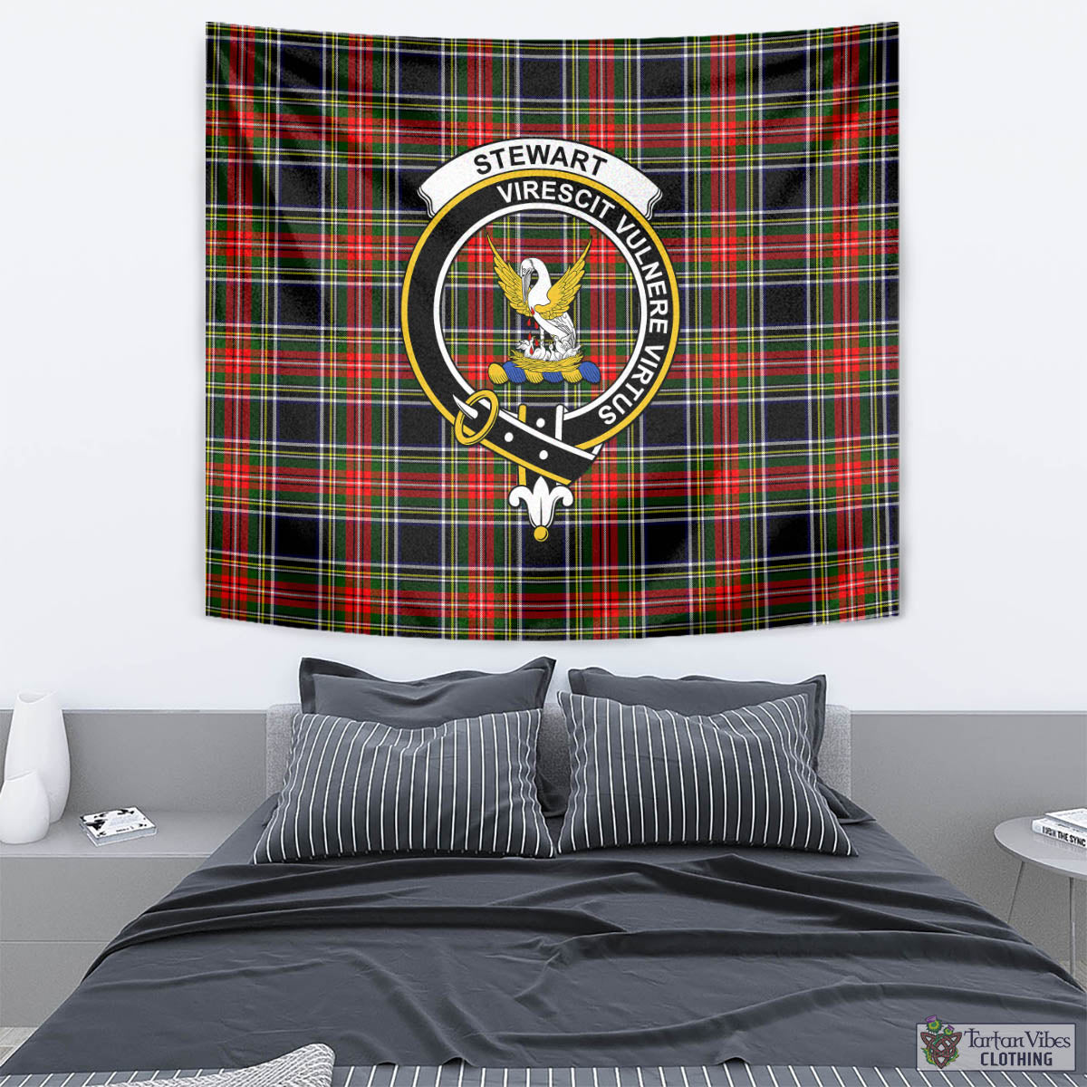 Tartan Vibes Clothing Stewart Black Tartan Tapestry Wall Hanging and Home Decor for Room with Family Crest