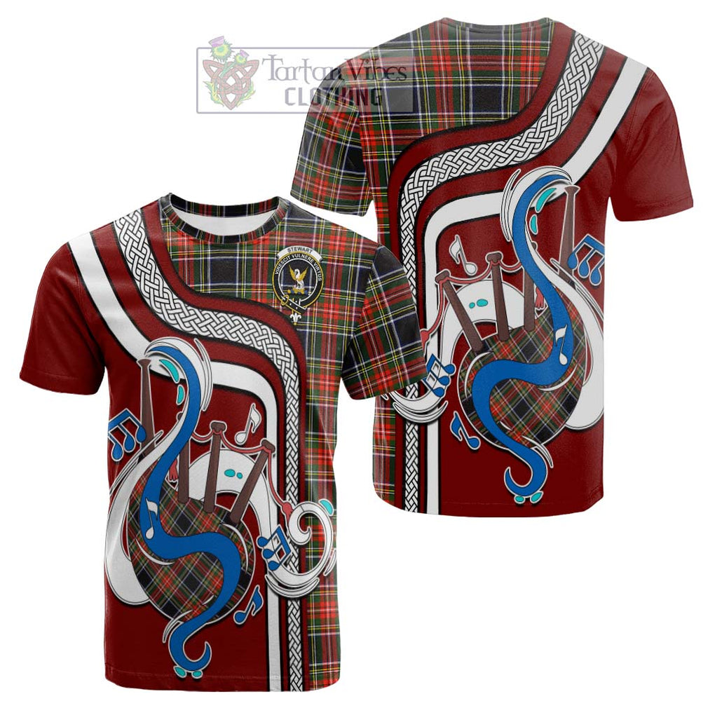 Tartan Vibes Clothing Stewart Black Tartan Cotton T-shirt with Epic Bagpipe Style