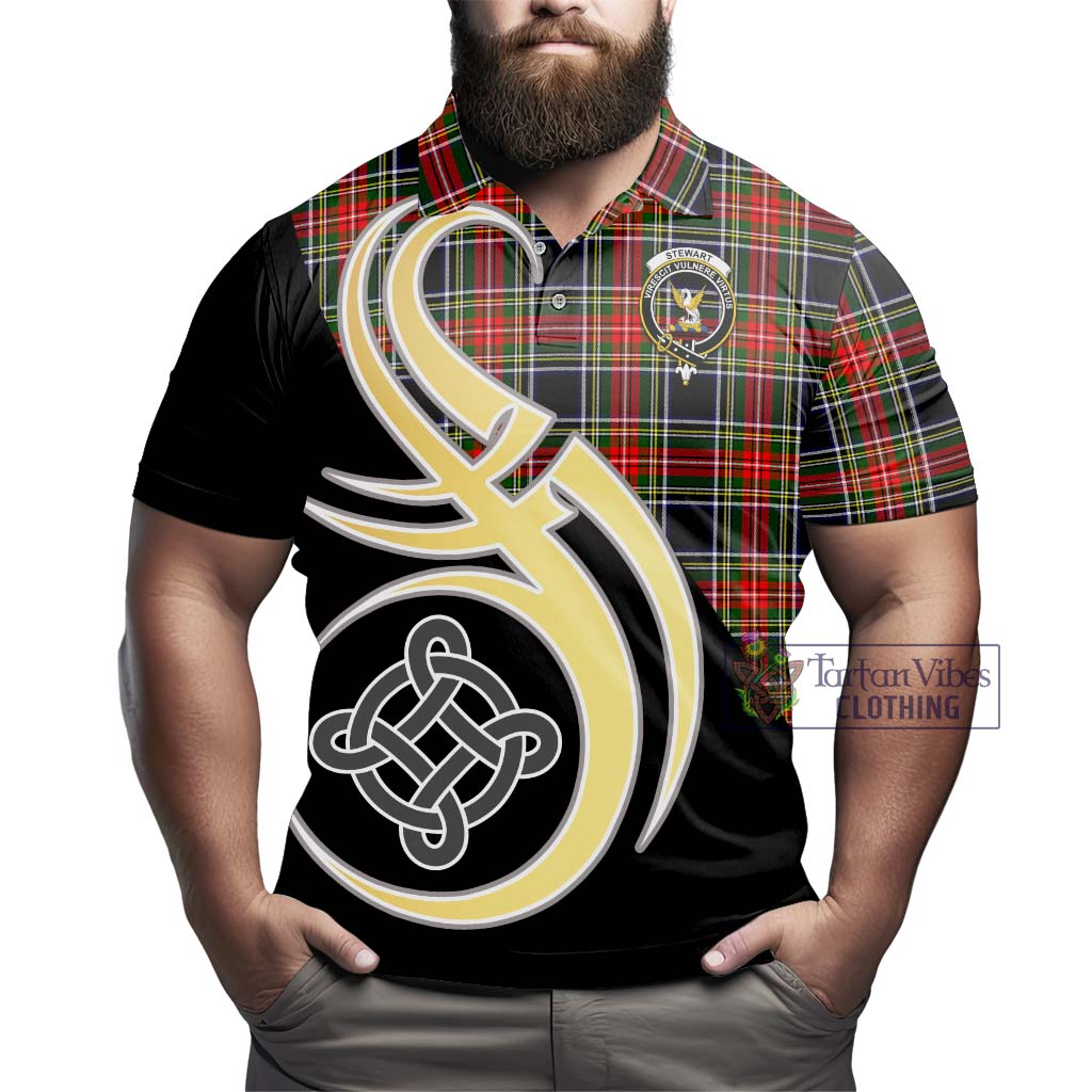 Tartan Vibes Clothing Stewart Black Tartan Polo Shirt with Family Crest and Celtic Symbol Style