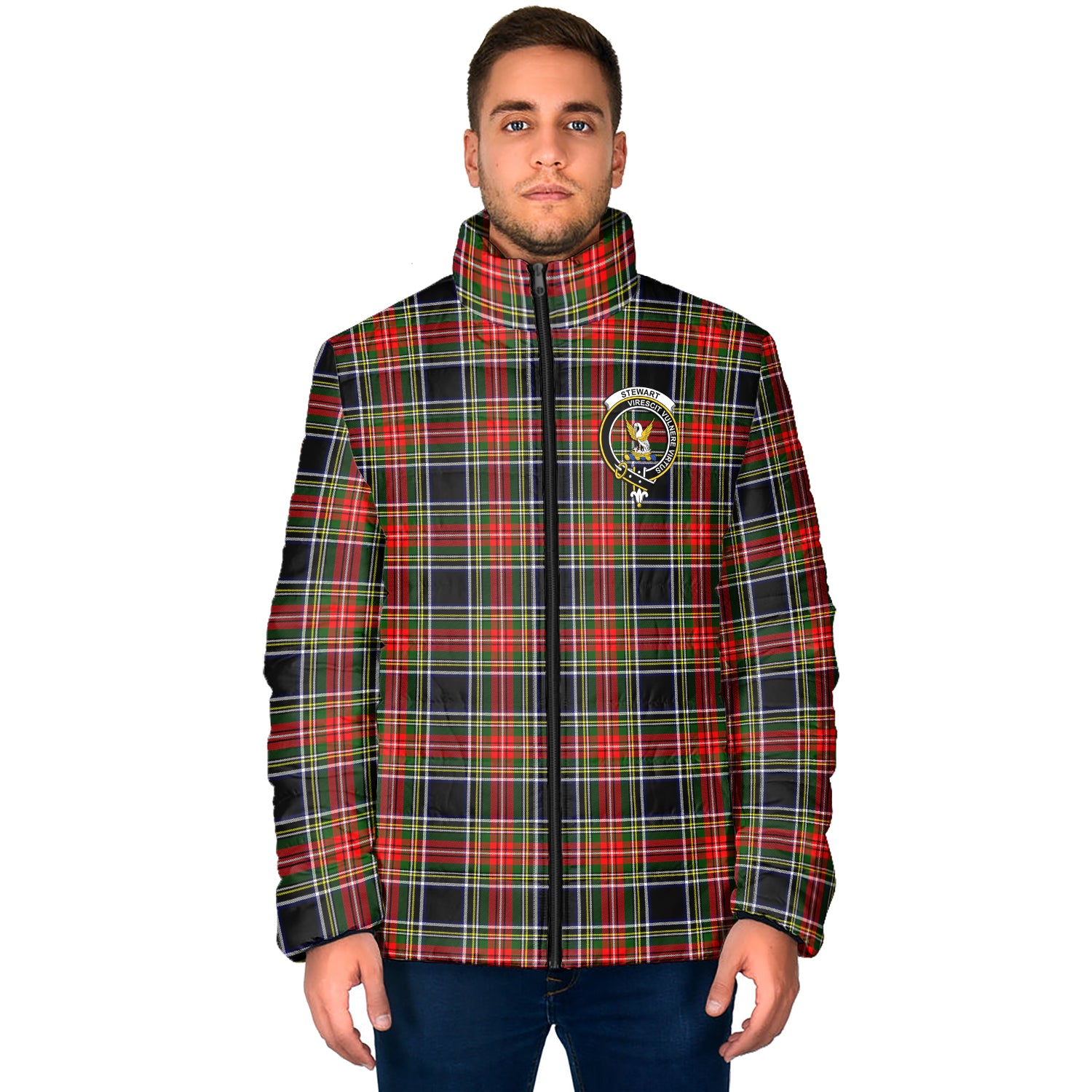 Stewart Black Tartan Padded Jacket with Family Crest - Tartan Vibes Clothing