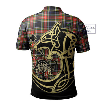 Stewart Black Tartan Polo Shirt with Family Crest Celtic Wolf Style