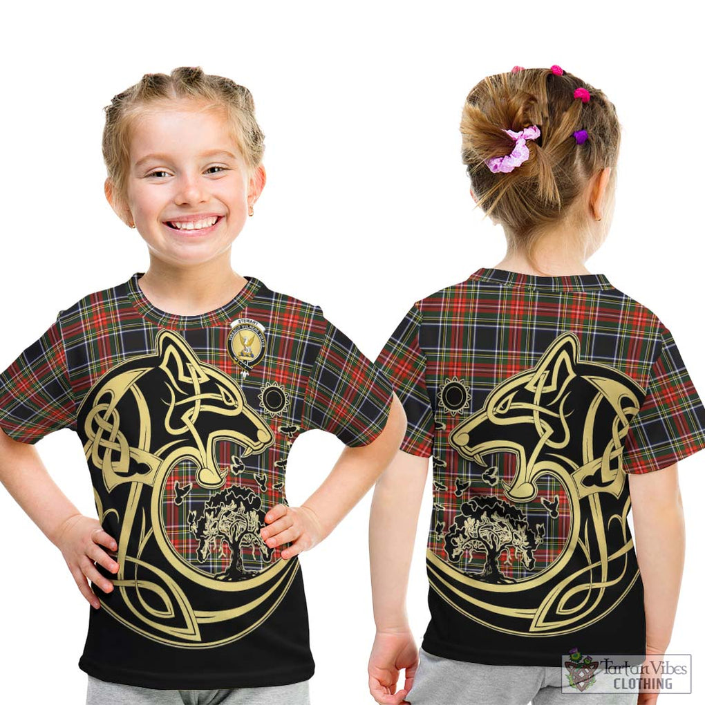 Stewart Black Tartan Kid T-Shirt with Family Crest Celtic Wolf Style - Tartan Vibes Clothing