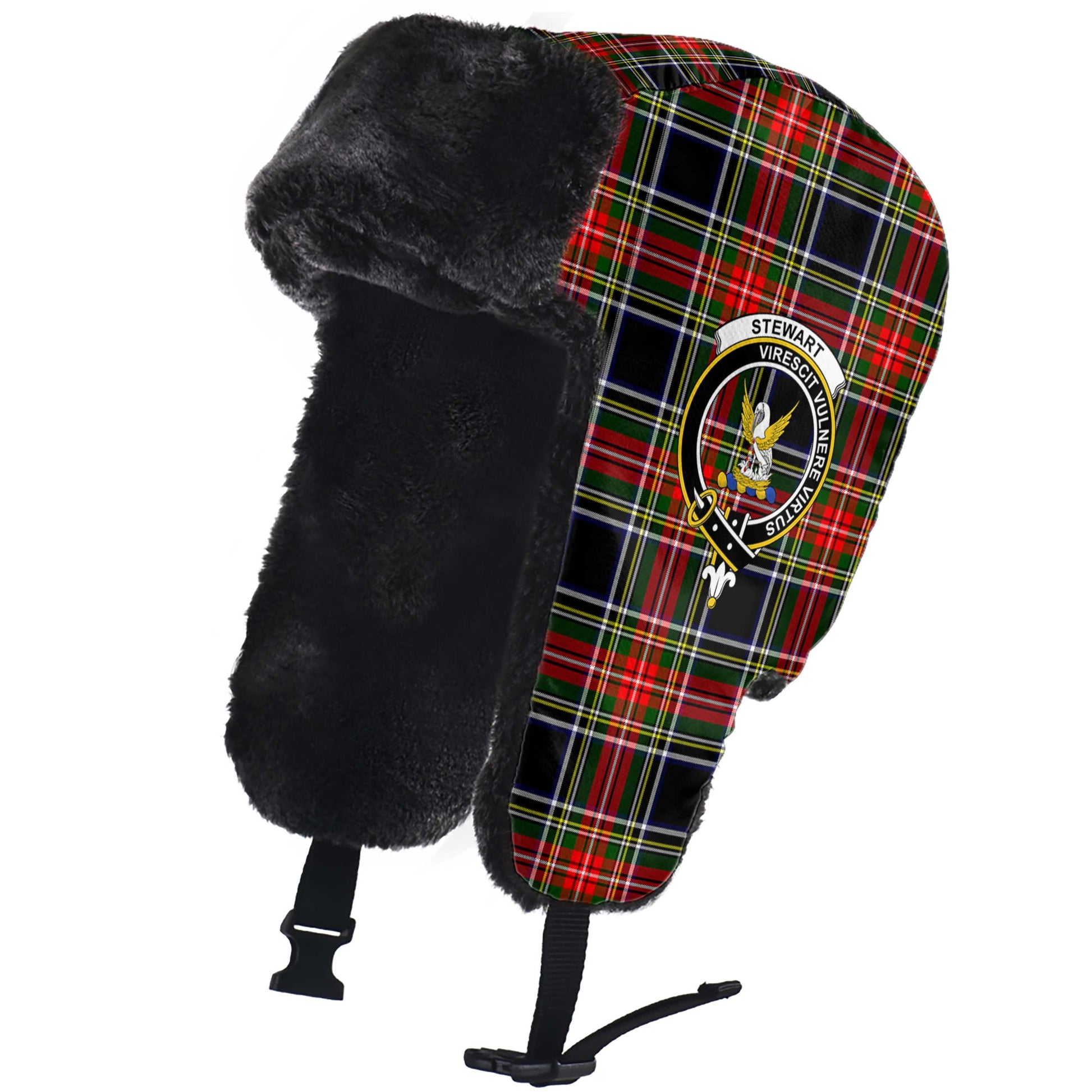 Stewart Black Tartan Winter Trapper Hat with Family Crest - Tartanvibesclothing