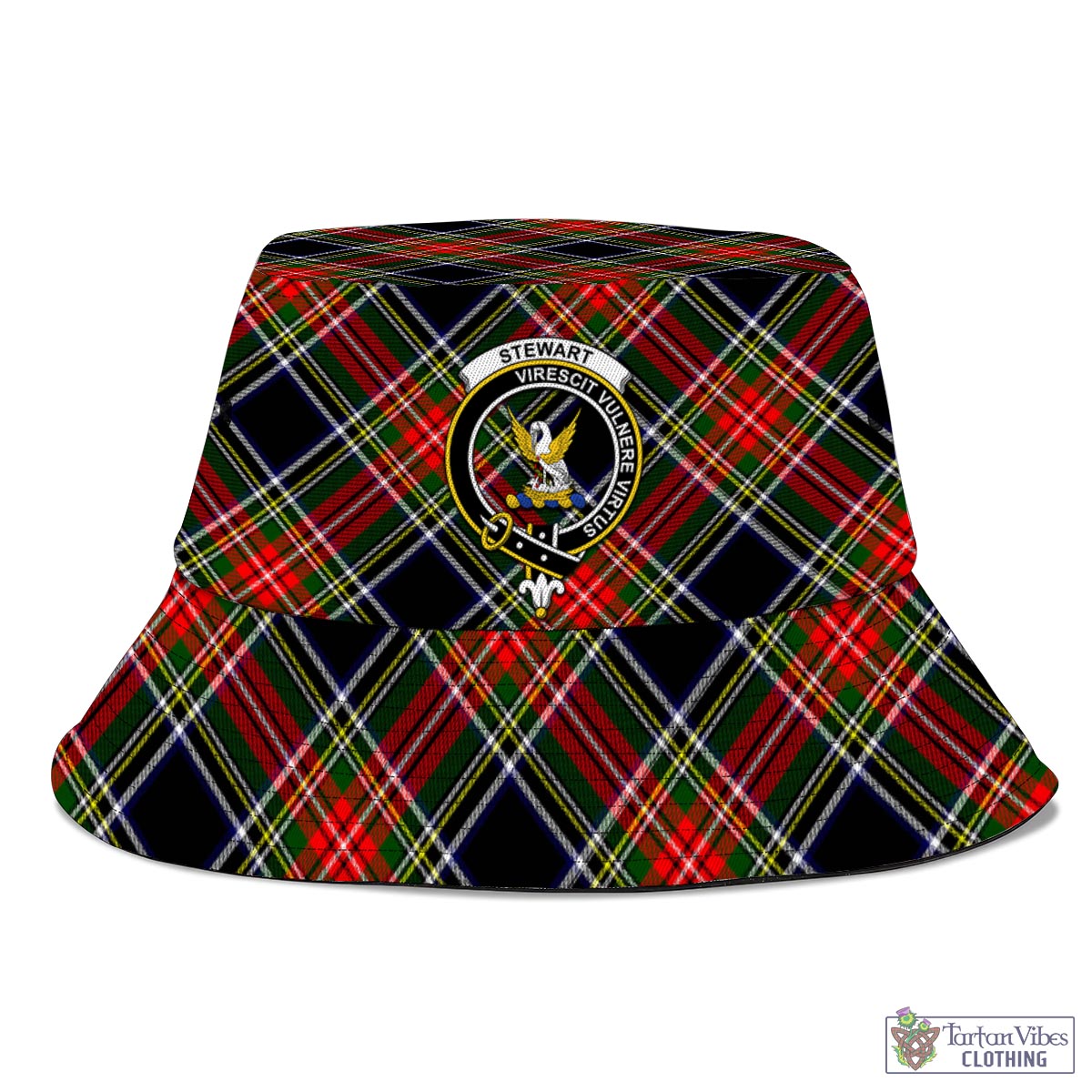 Tartan Vibes Clothing Stewart Black Tartan Bucket Hat with Family Crest