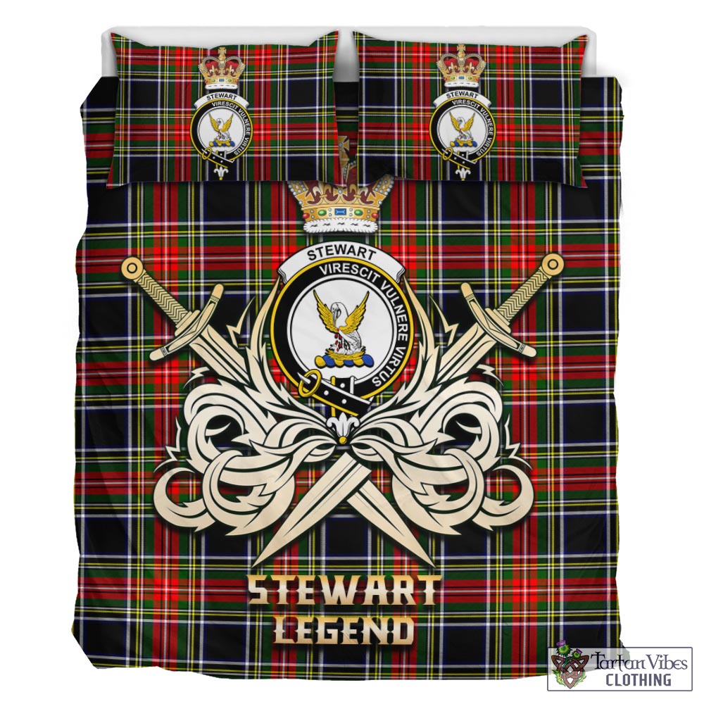 Tartan Vibes Clothing Stewart Black Tartan Bedding Set with Clan Crest and the Golden Sword of Courageous Legacy