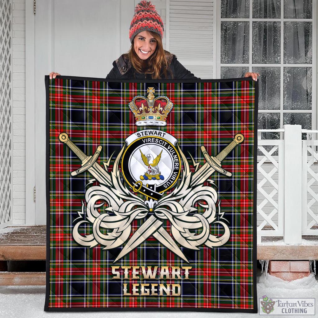 Tartan Vibes Clothing Stewart Black Tartan Quilt with Clan Crest and the Golden Sword of Courageous Legacy