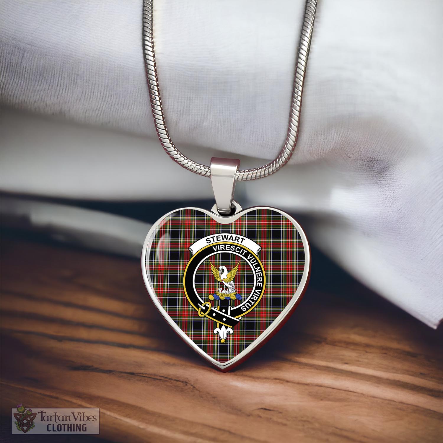 Tartan Vibes Clothing Stewart Black Tartan Heart Necklace with Family Crest