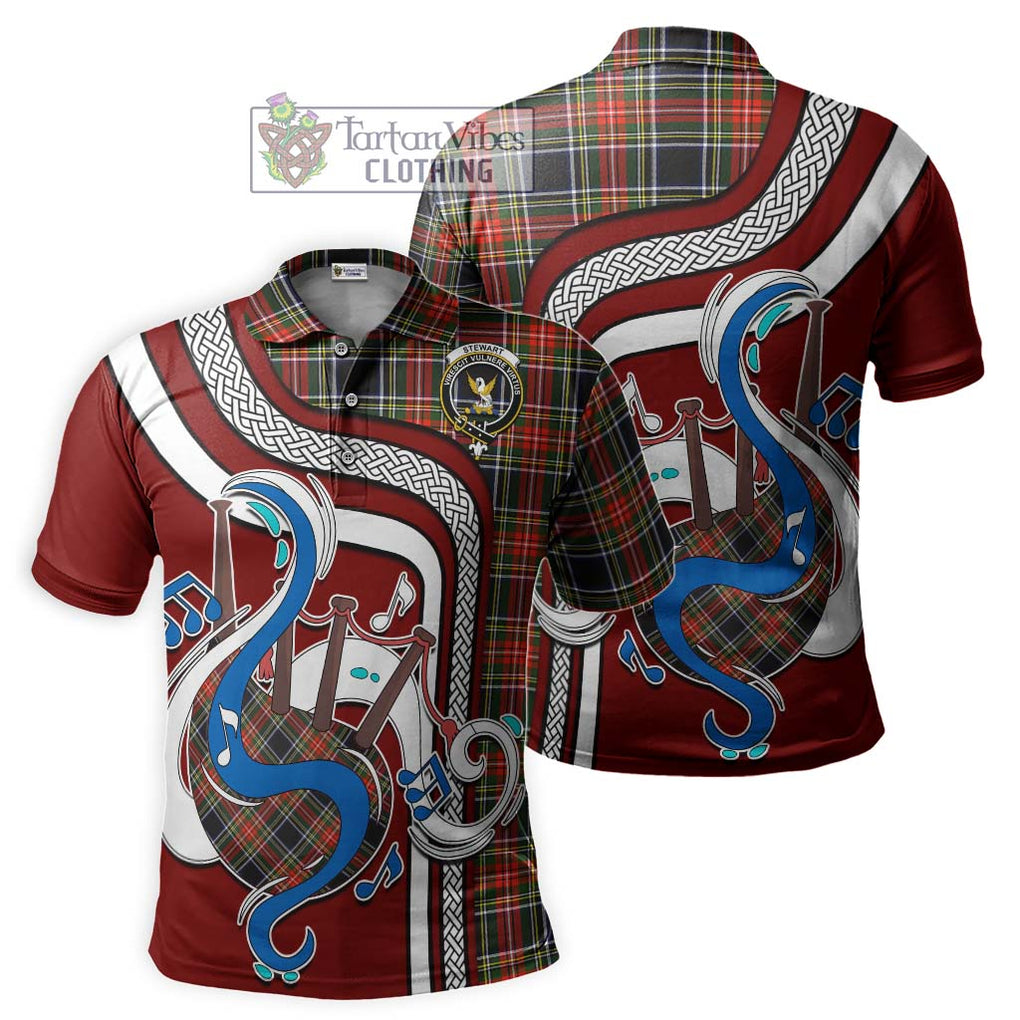 Tartan Vibes Clothing Stewart Black Tartan Polo Shirt with Epic Bagpipe Style