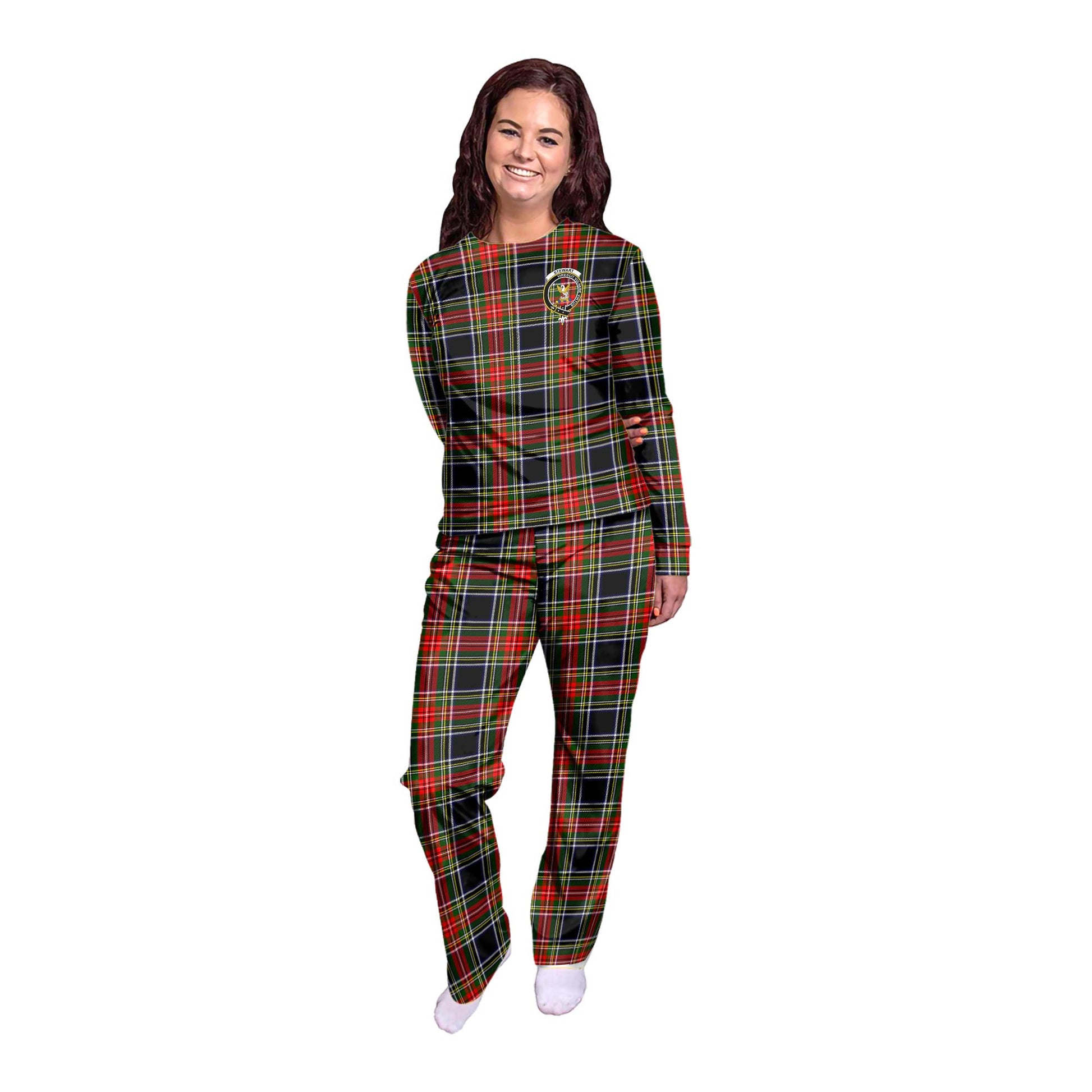 Stewart Black Tartan Pajamas Family Set with Family Crest - Tartanvibesclothing