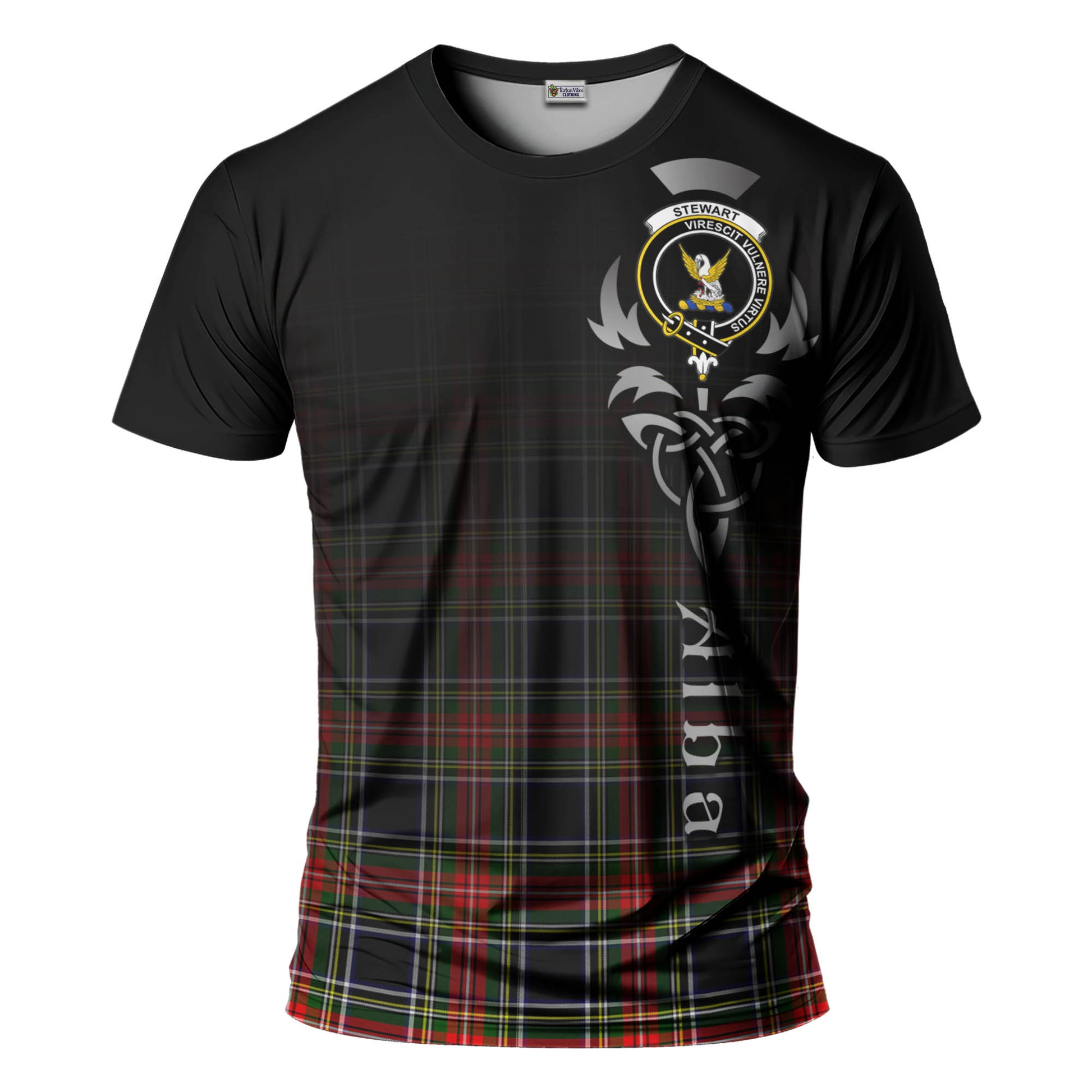 Tartan Vibes Clothing Stewart Black Tartan T-Shirt Featuring Alba Gu Brath Family Crest Celtic Inspired