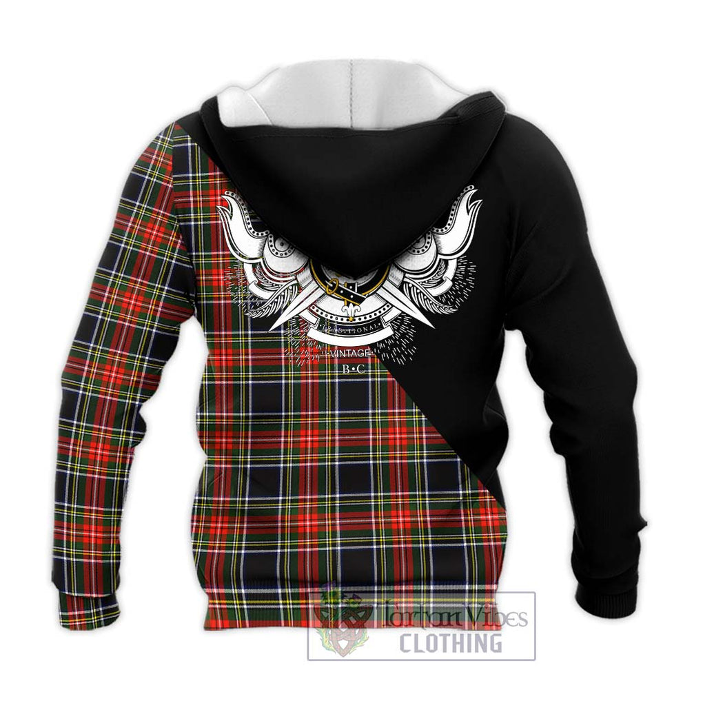 Stewart Black Tartan Knitted Hoodie with Family Crest and Military Logo Style - Tartanvibesclothing Shop