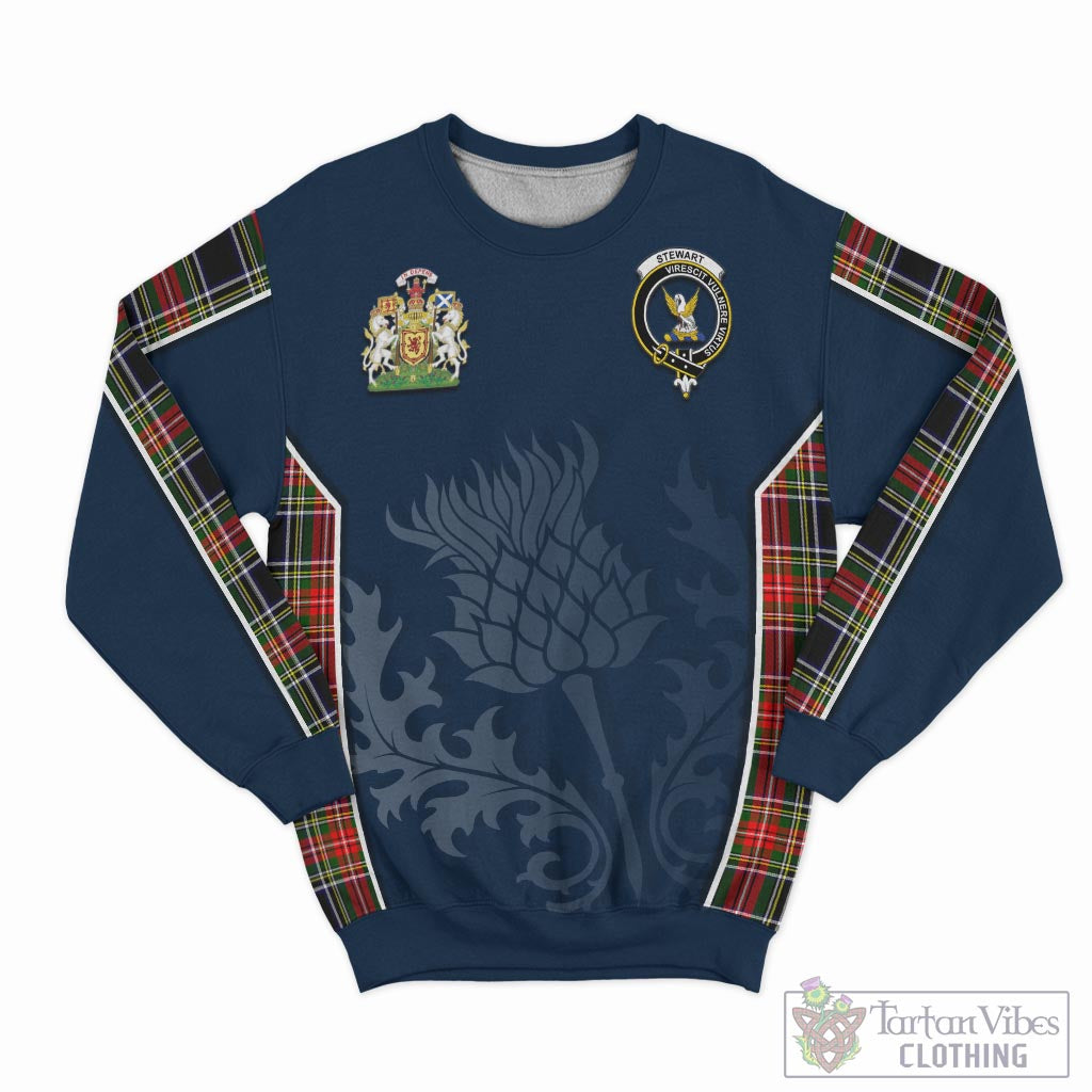 Tartan Vibes Clothing Stewart Black Tartan Sweatshirt with Family Crest and Scottish Thistle Vibes Sport Style