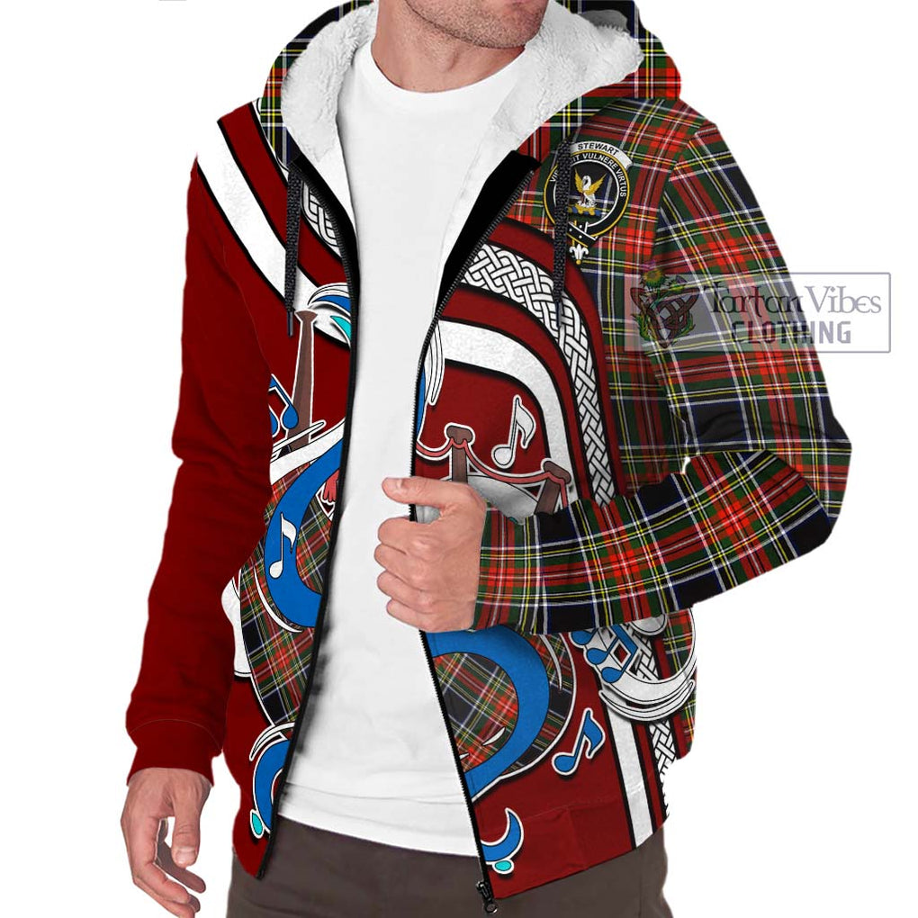 Stewart Black Tartan Sherpa Hoodie with Epic Bagpipe Style Unisex - Tartanvibesclothing Shop