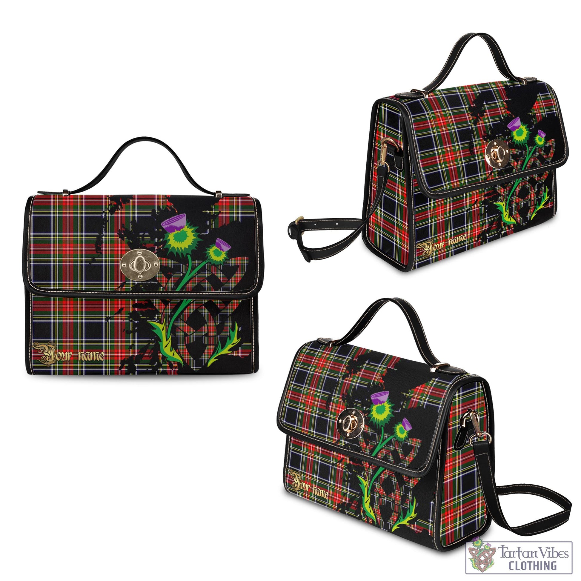 Tartan Vibes Clothing Stewart Black Tartan Waterproof Canvas Bag with Scotland Map and Thistle Celtic Accents