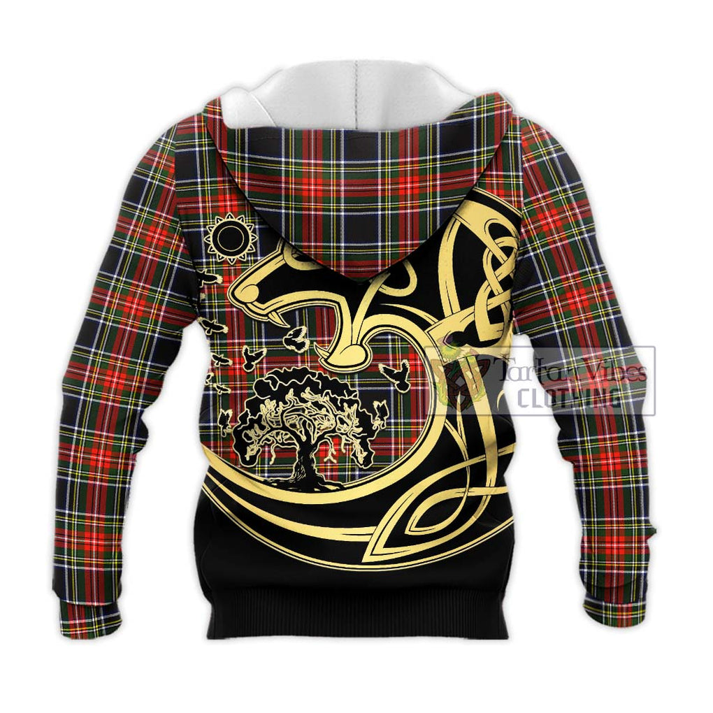 Stewart Black Tartan Knitted Hoodie with Family Crest Celtic Wolf Style - Tartan Vibes Clothing