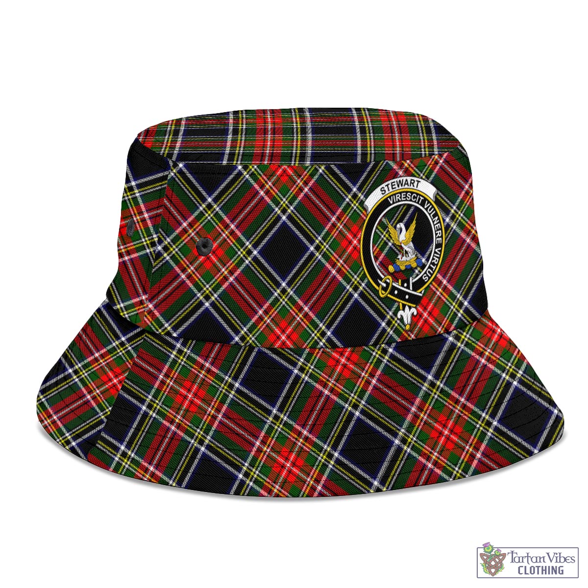 Tartan Vibes Clothing Stewart Black Tartan Bucket Hat with Family Crest