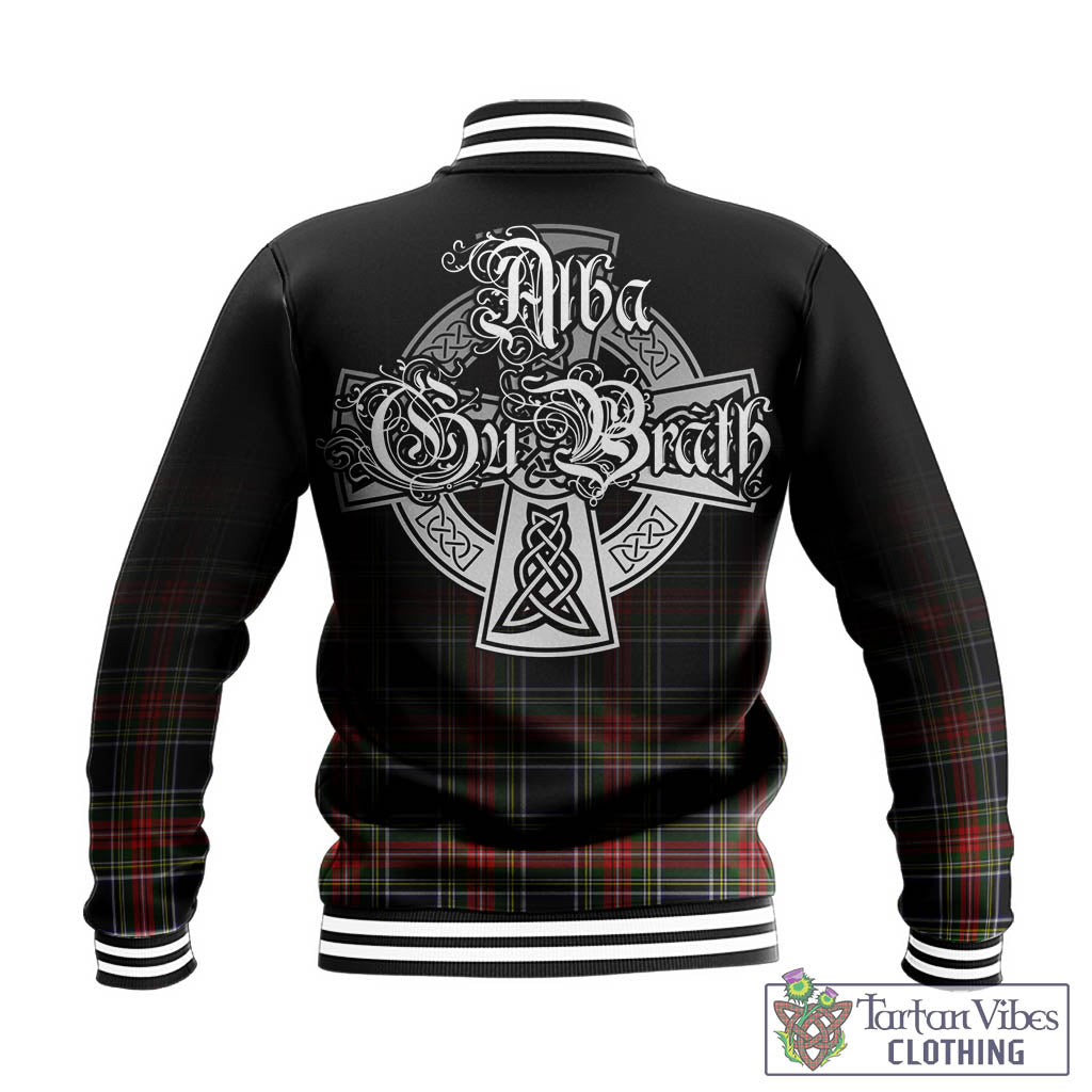 Tartan Vibes Clothing Stewart Black Tartan Baseball Jacket Featuring Alba Gu Brath Family Crest Celtic Inspired