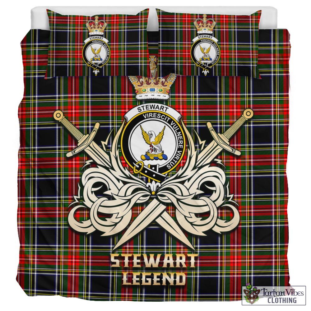 Tartan Vibes Clothing Stewart Black Tartan Bedding Set with Clan Crest and the Golden Sword of Courageous Legacy