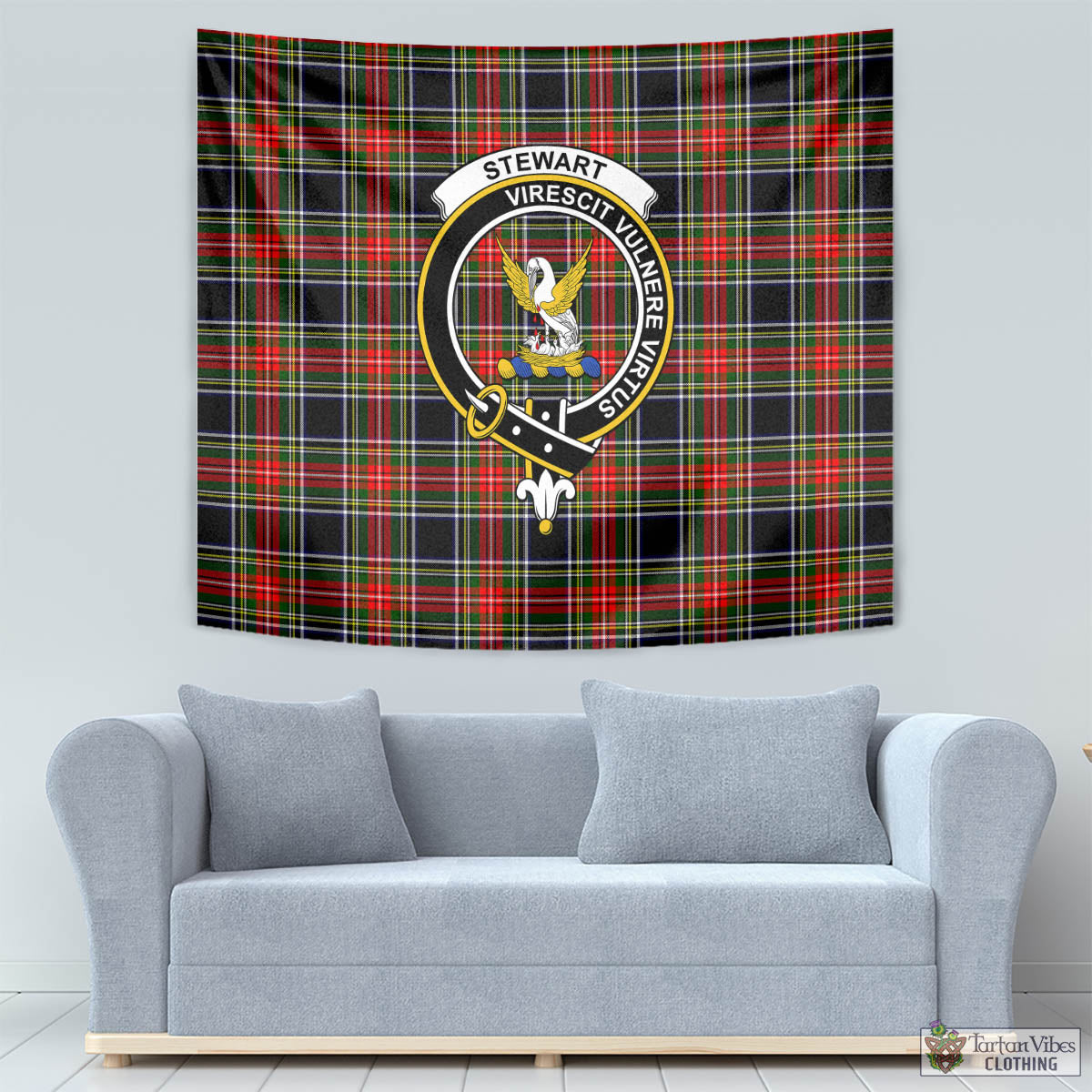 Tartan Vibes Clothing Stewart Black Tartan Tapestry Wall Hanging and Home Decor for Room with Family Crest