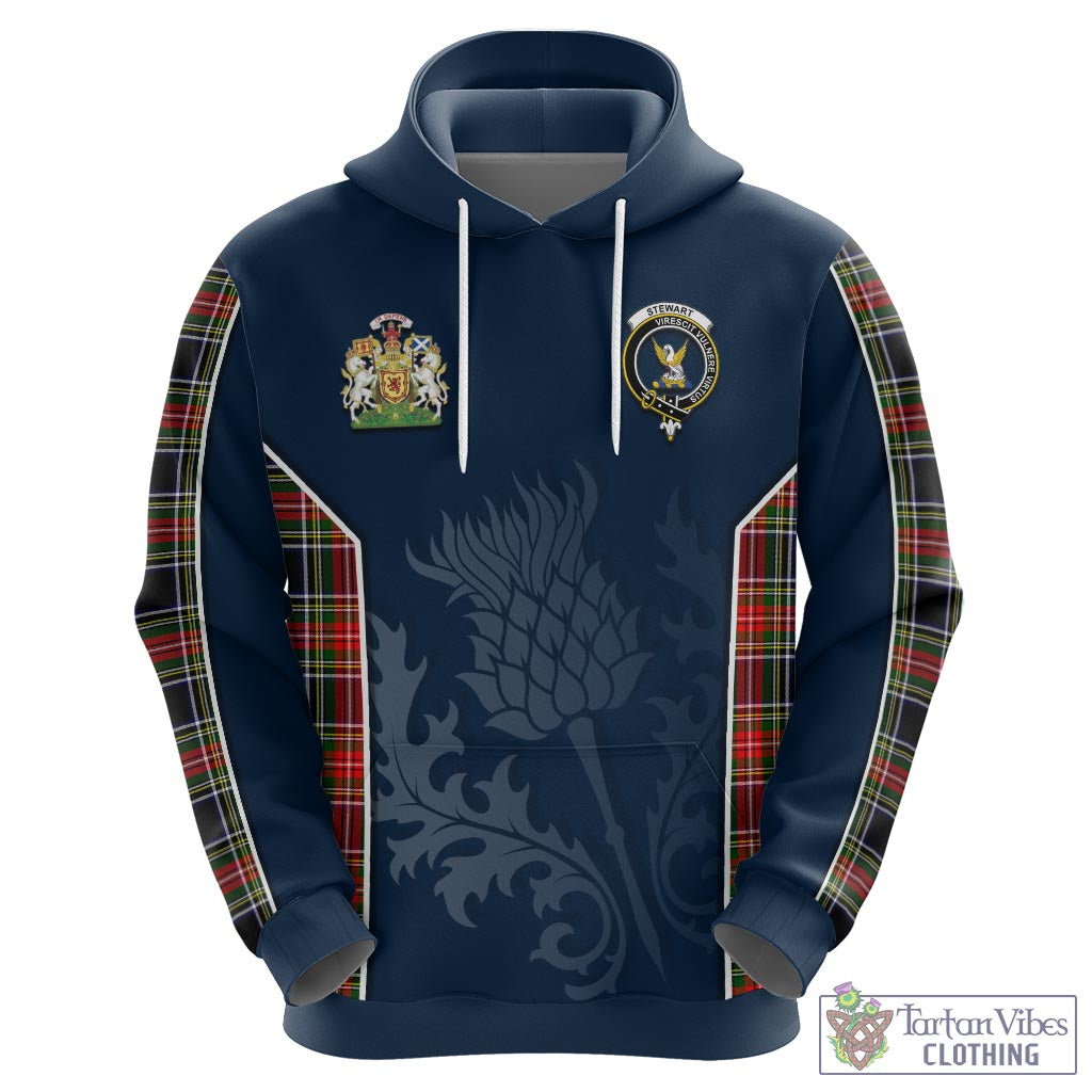 Tartan Vibes Clothing Stewart Black Tartan Hoodie with Family Crest and Scottish Thistle Vibes Sport Style