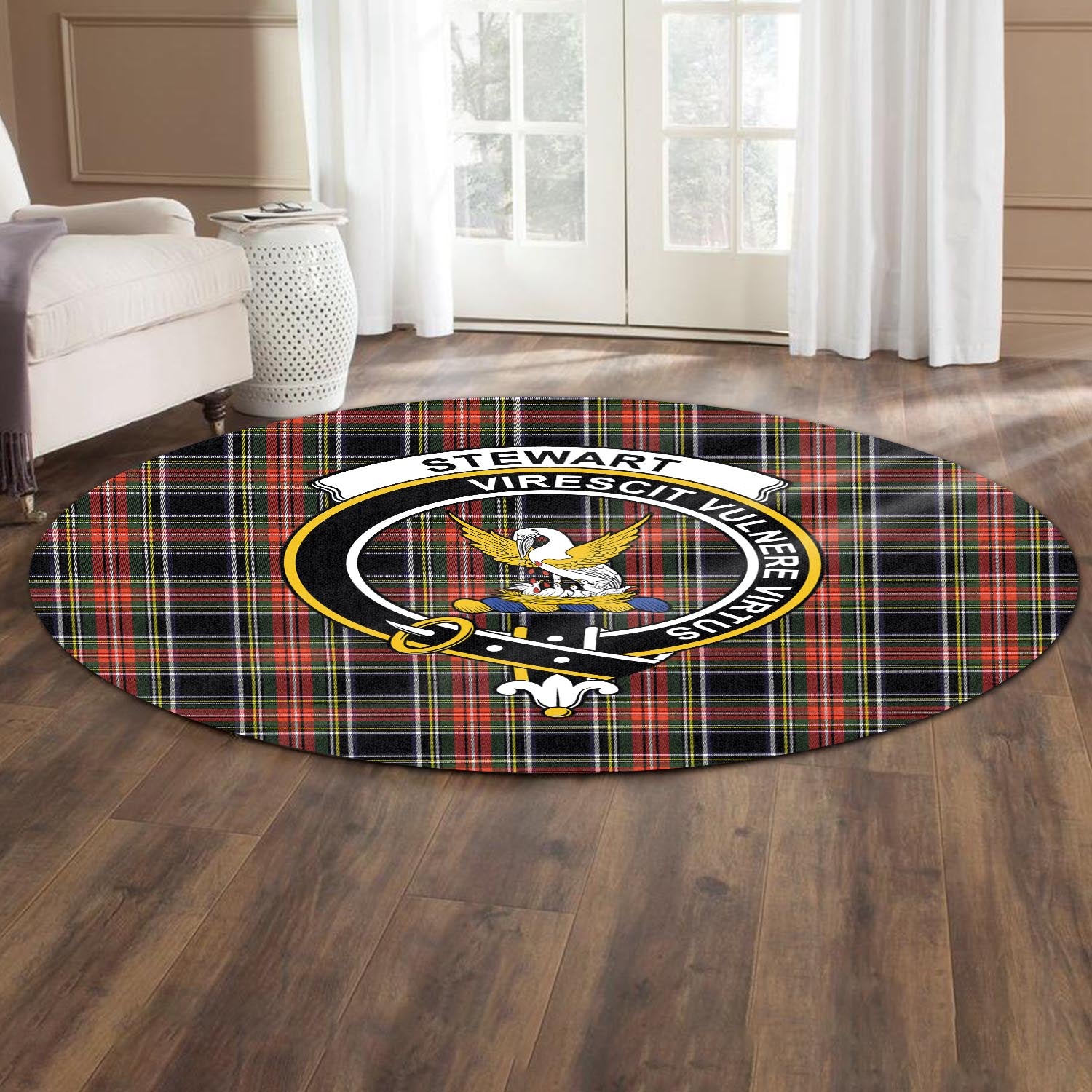 stewart-black-tartan-round-rug-with-family-crest